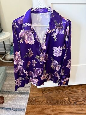 Purple Floral Satin Button-Up Top